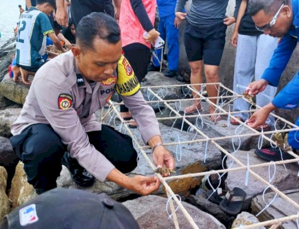 Bhabinkamtibmas Polres Flores Timur Bersama Warga Tanam Terumbu Karang di Pesisir Pantai Tuan Ma